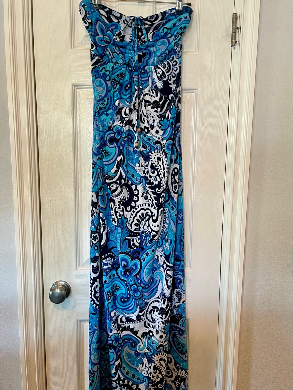 Veronica M Blue Turquoise Paisley Strapless Maxi Dress